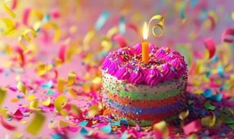 AI generated colorful birthday cake with candle on background photo