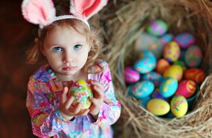 ai generado niño en Pascua de Resurrección orejas demostración algunos Pascua de Resurrección huevos foto