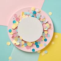 AI generated colorful confetti around a circular piece of paper on pastel colored photo