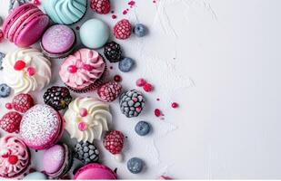 AI generated colorful desserts and a white background with a space for writing photo