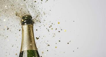 AI generated champagne bottle spewing champagne dust on a white background photo