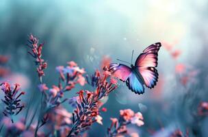 ai generado azul y rosado mariposa volador terminado el flor foto
