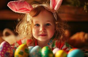ai generado niño en Pascua de Resurrección orejas demostración algunos Pascua de Resurrección huevos foto
