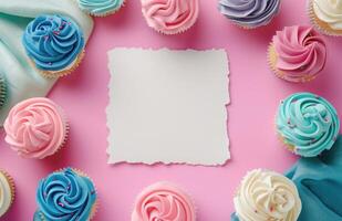 AI generated colorful cupcakes and cupcakes placed near a white square banner photo