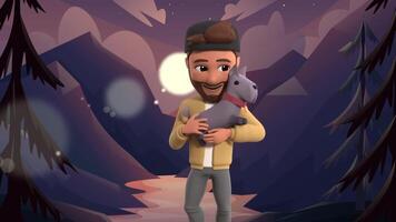 a cartoon man holding a dog in the woods video