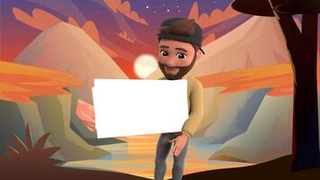 un dibujos animados hombre participación un blanco firmar en el montañas video