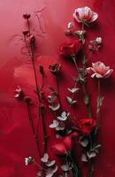 ai generado flores con corazón pétalos son metido en rojo superficie foto