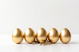 AI generated golden easter eggs on a white background photo