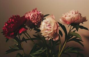 AI generated four red and pink peonies and green flora photo