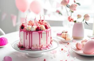 ai generado cumpleaños pastel en rosado en blanco mesa foto