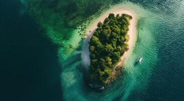 AI generated an aerial view of an indented island with a boat in the water photo