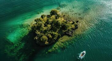 ai generado un aéreo ver de un sangrado isla con un barco en el agua foto