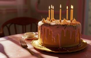 AI generated gold cake with six birthday candles photo