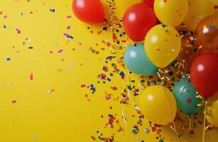 AI generated colorful and rainbow party confetti and balloons photo