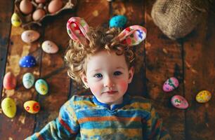 ai generado niño en Pascua de Resurrección orejas demostración algunos Pascua de Resurrección huevos foto