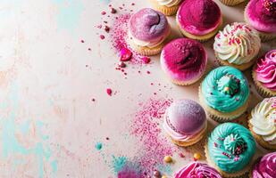 AI generated colorful desserts and a white background with a space for writing photo