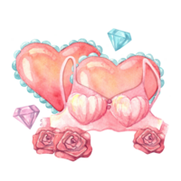 acuarela romántico mujer ropa interior sostén en corazón forma con rosas y corazones. san valentin día, amar, pasión y romance concepto. mano dibujado ilustración aislado en transparente antecedentes para diseño. png