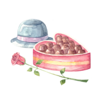 Chocolate candies in heart shaped box with red rose and mens hat. Valentines day, love, passion, dating and romance concept. Hand drawn illustration isolated on transparent background for design. png