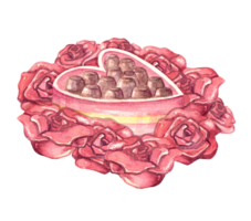 Chocolate candies in heart shaped box with red roses. Valentines day, love and romance concept. Hand drawn illustration element isolated on transparent background for design, postcards, invitations. png