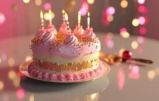 AI generated gold gold and pink cake on white background with two candles photo