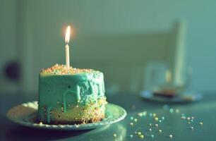 AI generated green, blue, and yellow birthday cake with the lit candle photo