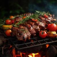 ai generado A la parrilla carne con Tomates, chiles y hierbas en un de madera barbacoa foto