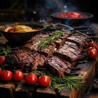 ai generado A la parrilla carne con Tomates, chiles y hierbas en un de madera barbacoa foto