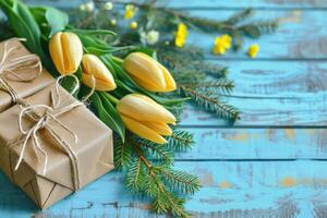 AI generated gifts with yellow tulips and fir branches on a blue wood table photo