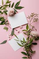 AI generated flowers, leaves and white blank note papers photo