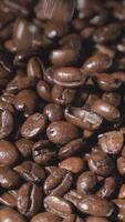 Vertical slow motion of roasted coffee beans falling. Organic coffee seeds. video