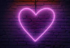 AI generated neon heart luminous sign against brick wall wall photo