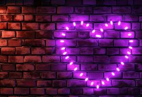 AI generated neon heart luminous sign against brick wall wall photo