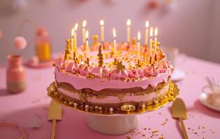 AI generated pink and gold cake with candles photo