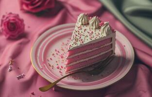 ai generado rosado cumpleaños pastel es en un rosado plato en un rosado antecedentes foto