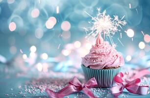 AI generated pink cupcake, bows, and sparklers photo