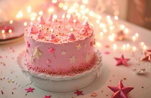 AI generated pink birthday cake on white table with white stars photo