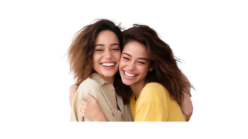 AI generated Young women from different nationalities hugging each other, laughing, happy, having fun, with transparent background.png png