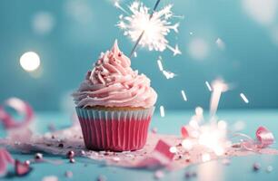 AI generated pink cupcake, bows, and sparklers photo