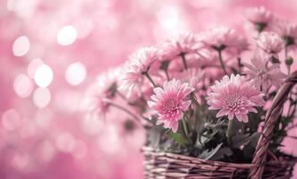 AI generated pink flowers in a basket on a pink background photo