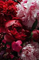 AI generated pink and red peonies surrounded by heart shape flowers photo