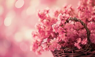 AI generated pink flowers in a basket on a pink background photo