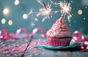 AI generated pink cupcake, bows, and sparklers photo