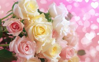 ai generado rosas en un rosado antecedentes con corazones en ellos foto