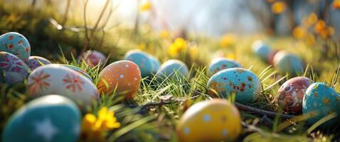 AI generated the frontispiece of an easter table with some decorated eggs photo