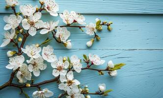 ai generado primavera flores en azul de madera antecedentes Clásico imágenes foto