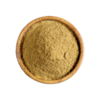 AI generated Coriander powder in a wooden bowl isolated in a transparent background. Coriander PNG