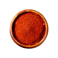 AI generated Red Chilli powder in a wooden bowl isolated in a transparent background. Paprika PNG