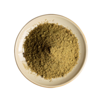 AI generated Coriander powder on a plate isolated in a transparent background. Coriander PNG