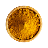 AI generated Turmeric powder in a wooden bowl isolated in a transparent background.  Top View Turmeric  PNG