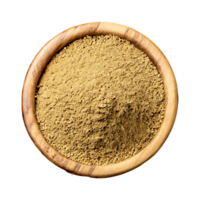 AI generated Coriander powder in a wooden bowl isolated in a transparent background. Coriander PNG